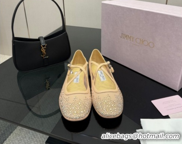 Trendy Design Jimmy Choo Mesh and Strass Mary Janes Ballerinas Flat with Pearl Bow Beige JC121001 1210121