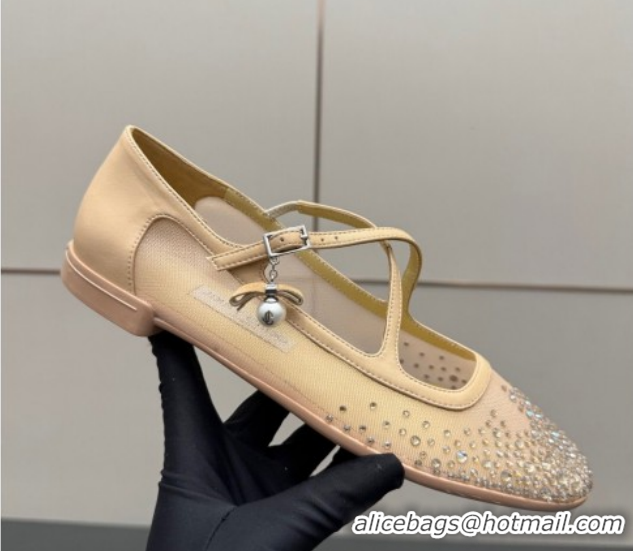 Trendy Design Jimmy Choo Mesh and Strass Mary Janes Ballerinas Flat with Pearl Bow Beige JC121001 1210121