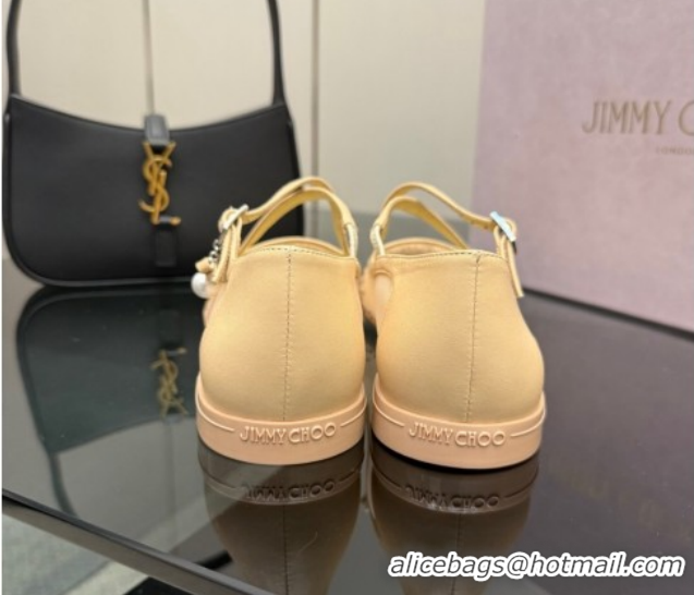 Trendy Design Jimmy Choo Mesh and Strass Mary Janes Ballerinas Flat with Pearl Bow Beige JC121001 1210121