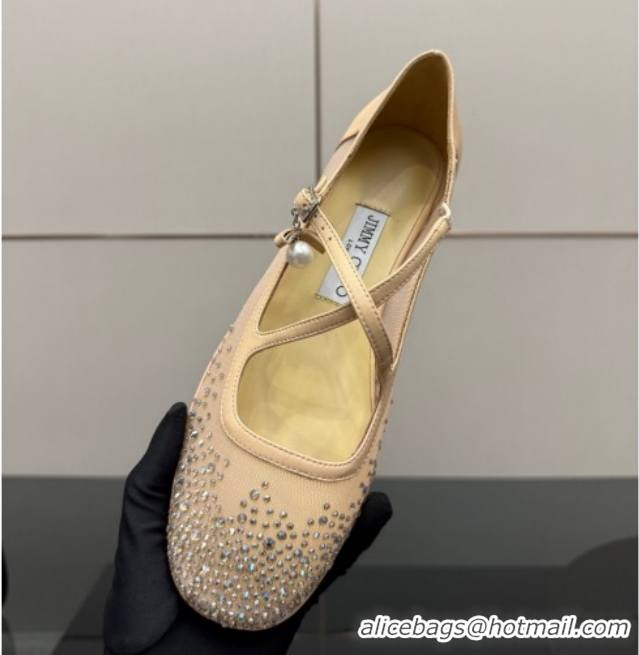 Trendy Design Jimmy Choo Mesh and Strass Mary Janes Ballerinas Flat with Pearl Bow Beige JC121001 1210121