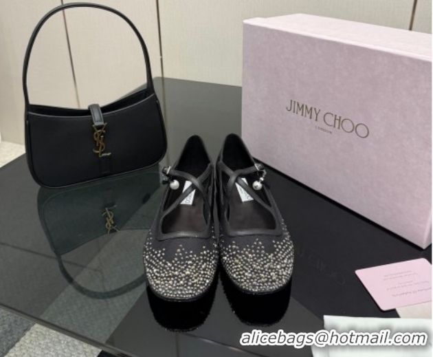 Luxury Jimmy Choo Mesh and Strass Mary Janes Ballerinas Flat with Pearl Bow Black JC121001 1210122