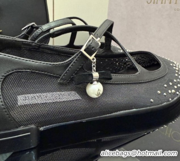 Luxury Jimmy Choo Mesh and Strass Mary Janes Ballerinas Flat with Pearl Bow Black JC121001 1210122
