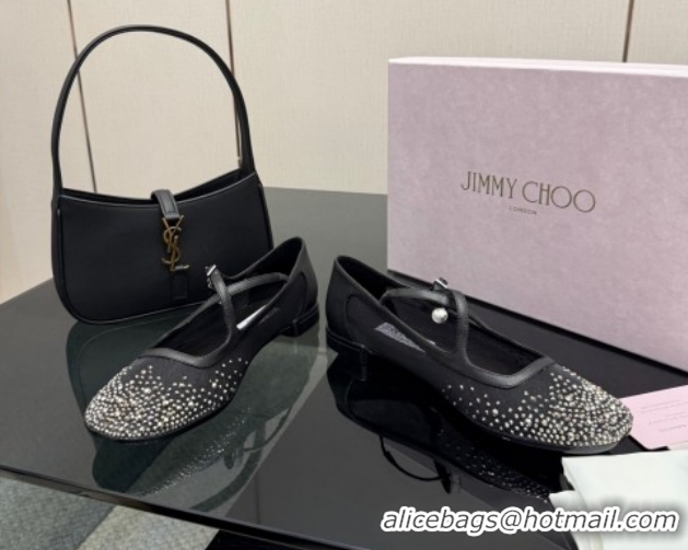 Luxury Jimmy Choo Mesh and Strass Mary Janes Ballerinas Flat with Pearl Bow Black JC121001 1210122