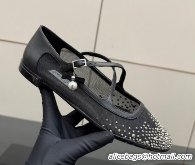 Luxury Jimmy Choo Mesh and Strass Mary Janes Ballerinas Flat with Pearl Bow Black JC121001 1210122