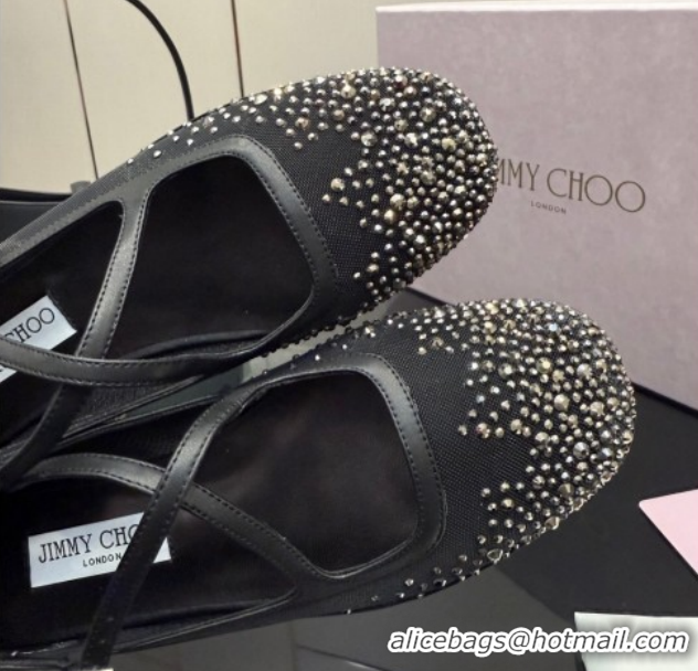 Luxury Jimmy Choo Mesh and Strass Mary Janes Ballerinas Flat with Pearl Bow Black JC121001 1210122