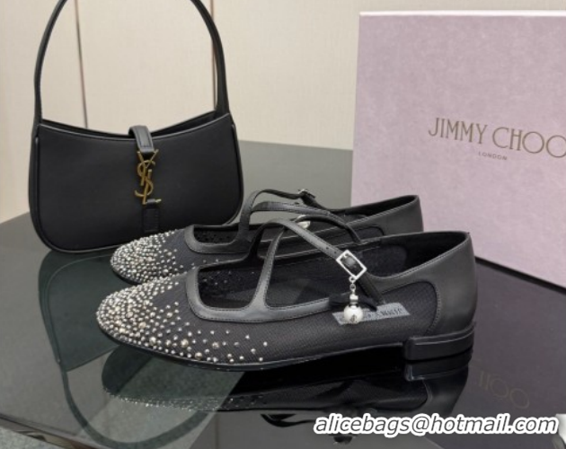 Luxury Jimmy Choo Mesh and Strass Mary Janes Ballerinas Flat with Pearl Bow Black JC121001 1210122