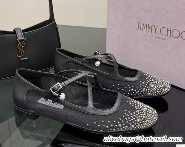 Luxury Jimmy Choo Mesh and Strass Mary Janes Ballerinas Flat with Pearl Bow Black JC121001 1210122