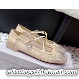 Unique Discount Jimmy Choo Mesh and Strass Mary Janes Ballerinas Flat with Pearl Bow Nude JC121001 1210123