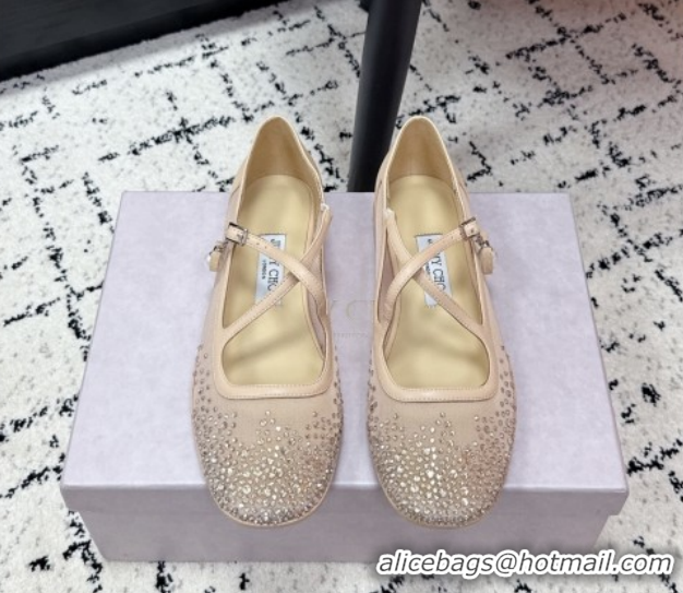Unique Discount Jimmy Choo Mesh and Strass Mary Janes Ballerinas Flat with Pearl Bow Nude JC121001 1210123