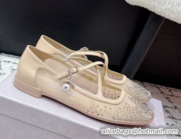 Unique Discount Jimmy Choo Mesh and Strass Mary Janes Ballerinas Flat with Pearl Bow Nude JC121001 1210123