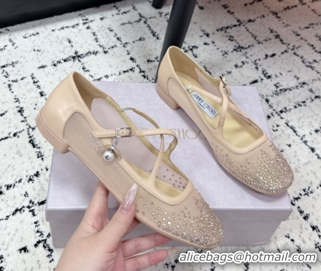 Unique Discount Jimmy Choo Mesh and Strass Mary Janes Ballerinas Flat with Pearl Bow Nude JC121001 1210123