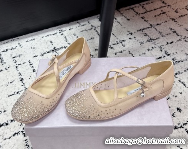 Unique Discount Jimmy Choo Mesh and Strass Mary Janes Ballerinas Flat with Pearl Bow Nude JC121001 1210123