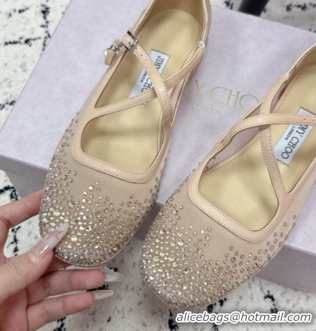 Unique Discount Jimmy Choo Mesh and Strass Mary Janes Ballerinas Flat with Pearl Bow Nude JC121001 1210123
