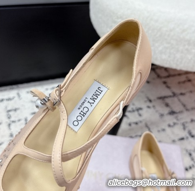 Unique Discount Jimmy Choo Mesh and Strass Mary Janes Ballerinas Flat with Pearl Bow Nude JC121001 1210123