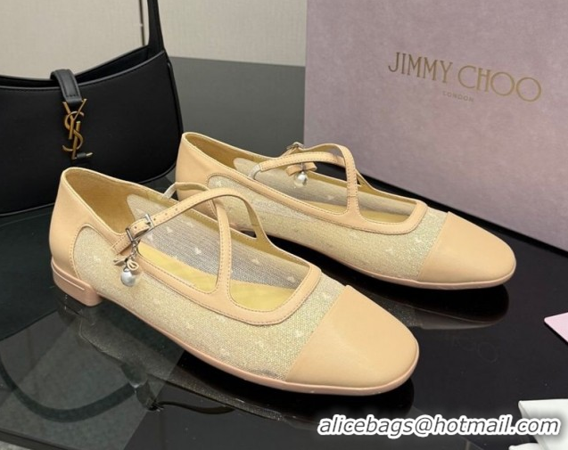 Perfect Jimmy Choo Mesh and Leather Mary Janes Ballerinas Flat with Pearl Bow Beige JC121001 1210124