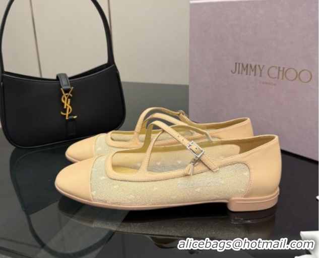 Perfect Jimmy Choo Mesh and Leather Mary Janes Ballerinas Flat with Pearl Bow Beige JC121001 1210124