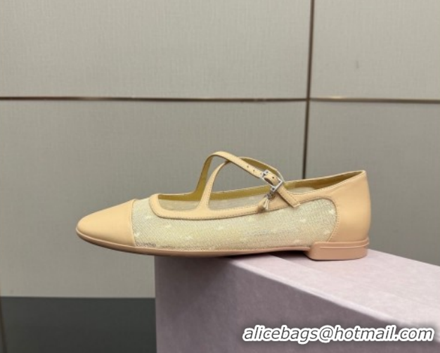 Perfect Jimmy Choo Mesh and Leather Mary Janes Ballerinas Flat with Pearl Bow Beige JC121001 1210124