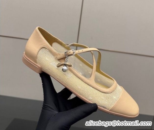 Perfect Jimmy Choo Mesh and Leather Mary Janes Ballerinas Flat with Pearl Bow Beige JC121001 1210124