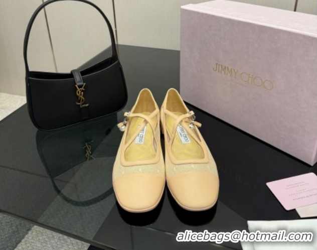 Perfect Jimmy Choo Mesh and Leather Mary Janes Ballerinas Flat with Pearl Bow Beige JC121001 1210124