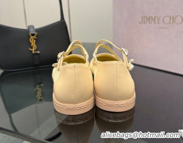 Perfect Jimmy Choo Mesh and Leather Mary Janes Ballerinas Flat with Pearl Bow Beige JC121001 1210124