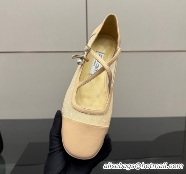 Perfect Jimmy Choo Mesh and Leather Mary Janes Ballerinas Flat with Pearl Bow Beige JC121001 1210124