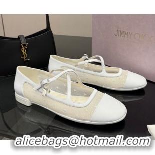 Luxurious Jimmy Choo Mesh and Leather Mary Janes Ballerinas Flat with Pearl Bow White JC121001 1210125