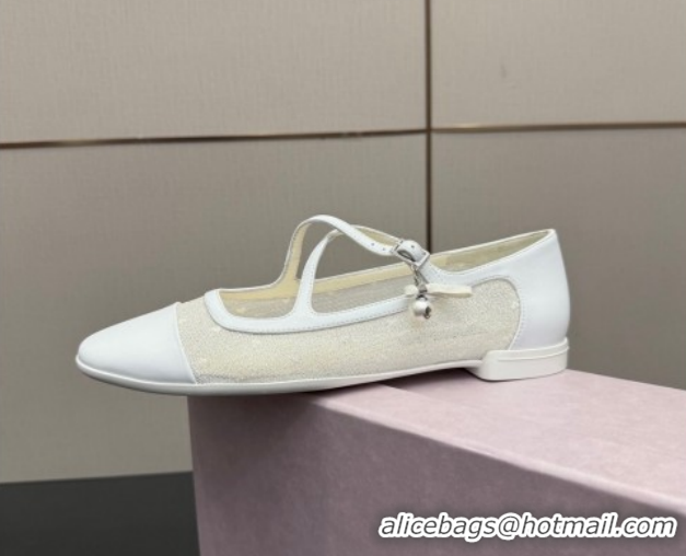 Luxurious Jimmy Choo Mesh and Leather Mary Janes Ballerinas Flat with Pearl Bow White JC121001 1210125