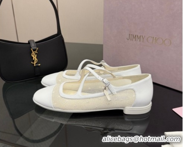 Luxurious Jimmy Choo Mesh and Leather Mary Janes Ballerinas Flat with Pearl Bow White JC121001 1210125