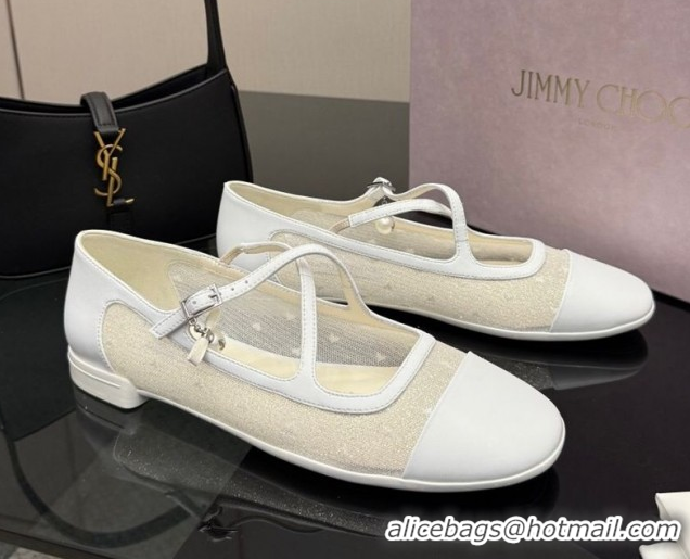 Luxurious Jimmy Choo Mesh and Leather Mary Janes Ballerinas Flat with Pearl Bow White JC121001 1210125