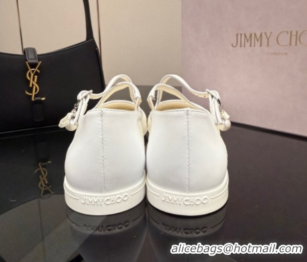 Luxurious Jimmy Choo Mesh and Leather Mary Janes Ballerinas Flat with Pearl Bow White JC121001 1210125