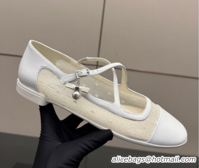 Luxurious Jimmy Choo Mesh and Leather Mary Janes Ballerinas Flat with Pearl Bow White JC121001 1210125