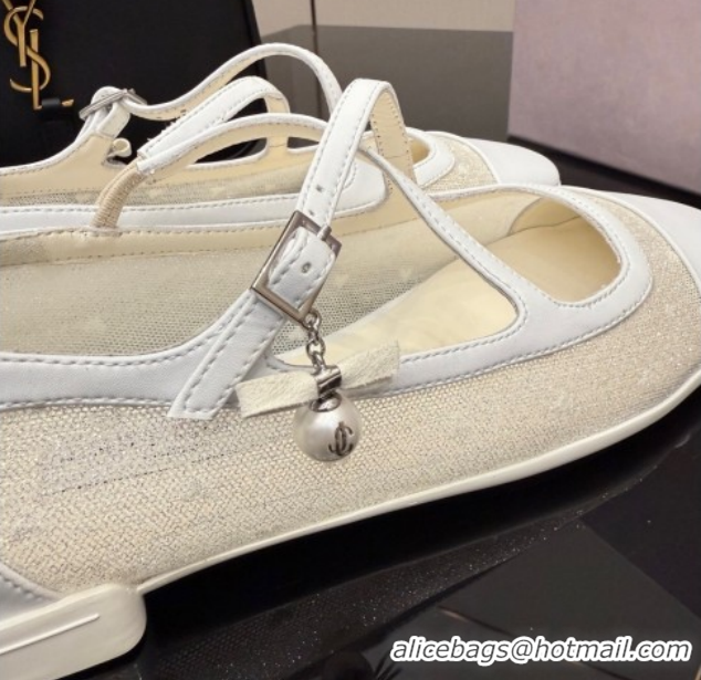 Luxurious Jimmy Choo Mesh and Leather Mary Janes Ballerinas Flat with Pearl Bow White JC121001 1210125