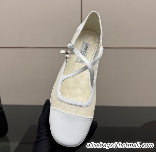 Luxurious Jimmy Choo Mesh and Leather Mary Janes Ballerinas Flat with Pearl Bow White JC121001 1210125