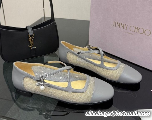 Sophisticated Jimmy Choo Mesh and Leather Mary Janes Ballerinas Flat with Pearl Bow Grey JC121001 1210126