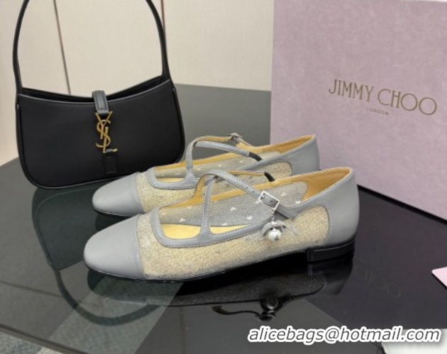 Sophisticated Jimmy Choo Mesh and Leather Mary Janes Ballerinas Flat with Pearl Bow Grey JC121001 1210126