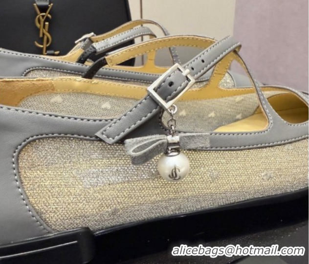 Sophisticated Jimmy Choo Mesh and Leather Mary Janes Ballerinas Flat with Pearl Bow Grey JC121001 1210126