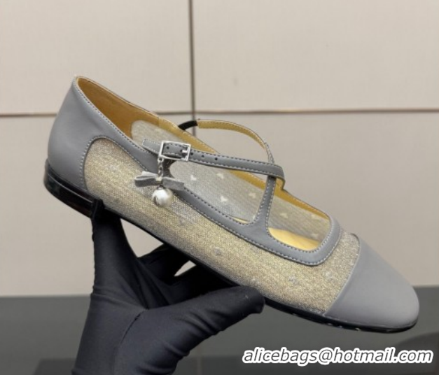 Sophisticated Jimmy Choo Mesh and Leather Mary Janes Ballerinas Flat with Pearl Bow Grey JC121001 1210126