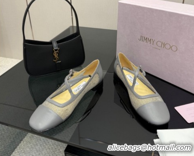 Sophisticated Jimmy Choo Mesh and Leather Mary Janes Ballerinas Flat with Pearl Bow Grey JC121001 1210126