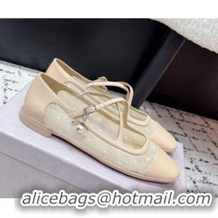 Duplicate Jimmy Choo Mesh and Leather Mary Janes Ballerinas Flat with Pearl Bow Nude JC121001 1210127