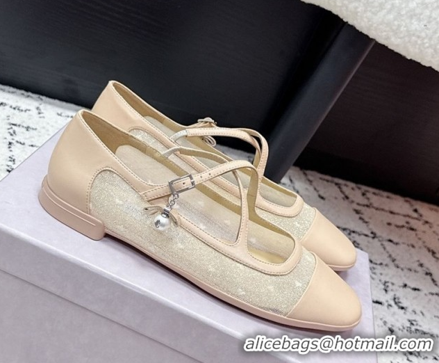 Duplicate Jimmy Choo Mesh and Leather Mary Janes Ballerinas Flat with Pearl Bow Nude JC121001 1210127
