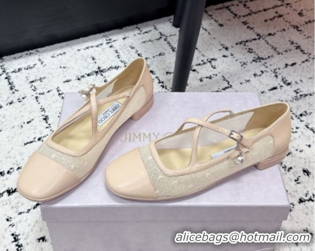 Duplicate Jimmy Choo Mesh and Leather Mary Janes Ballerinas Flat with Pearl Bow Nude JC121001 1210127