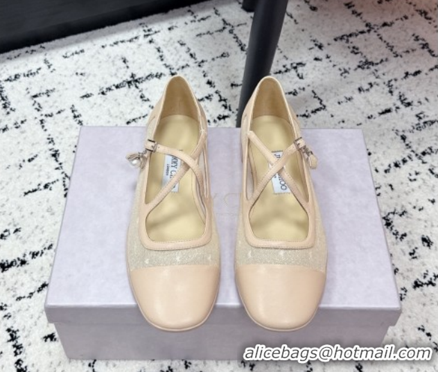 Duplicate Jimmy Choo Mesh and Leather Mary Janes Ballerinas Flat with Pearl Bow Nude JC121001 1210127