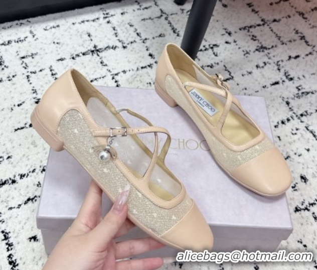 Duplicate Jimmy Choo Mesh and Leather Mary Janes Ballerinas Flat with Pearl Bow Nude JC121001 1210127