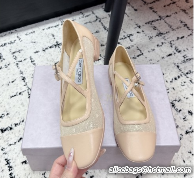 Duplicate Jimmy Choo Mesh and Leather Mary Janes Ballerinas Flat with Pearl Bow Nude JC121001 1210127