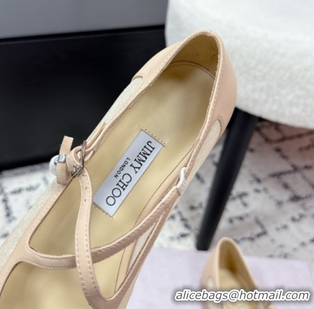 Duplicate Jimmy Choo Mesh and Leather Mary Janes Ballerinas Flat with Pearl Bow Nude JC121001 1210127