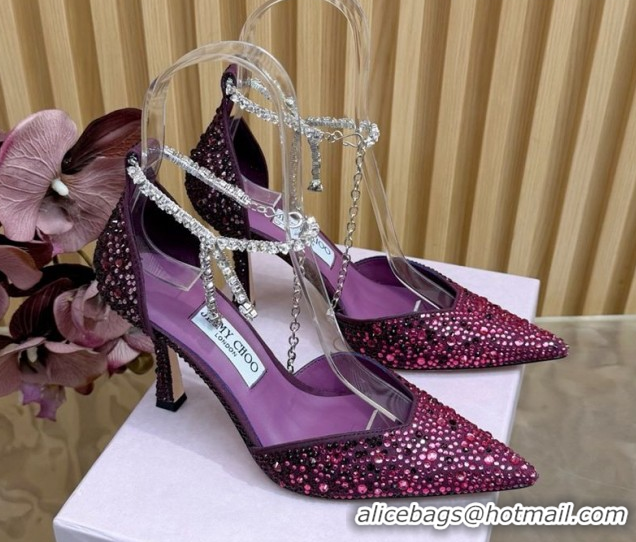 Stylish Jimmy Choo Stevie Pumps 9cm in Satin and Strass with Ankle Strap Violet Purple 1210128