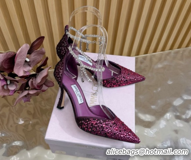 Stylish Jimmy Choo Stevie Pumps 9cm in Satin and Strass with Ankle Strap Violet Purple 1210128