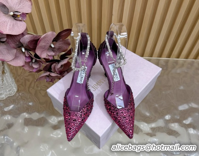 Stylish Jimmy Choo Stevie Pumps 9cm in Satin and Strass with Ankle Strap Violet Purple 1210128