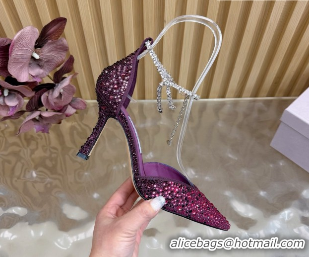 Stylish Jimmy Choo Stevie Pumps 9cm in Satin and Strass with Ankle Strap Violet Purple 1210128