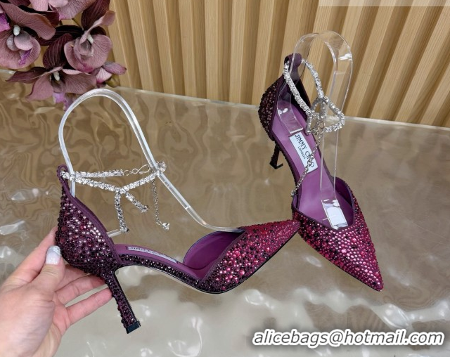 Stylish Jimmy Choo Stevie Pumps 9cm in Satin and Strass with Ankle Strap Violet Purple 1210128
